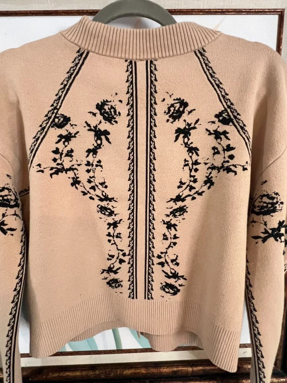 Anthropologie Embroidered Cardigan XS | Tan Floral Knit | Feminine Puff Sleeve - Picture 4 of 15